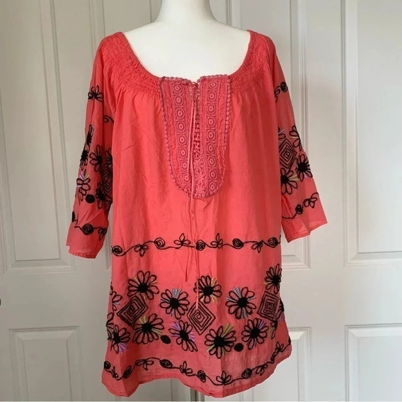 kyra Tops - Kyra Off Shoulder Boho Tunic Coral Hand Embroidered Detail Cotton Top size Large